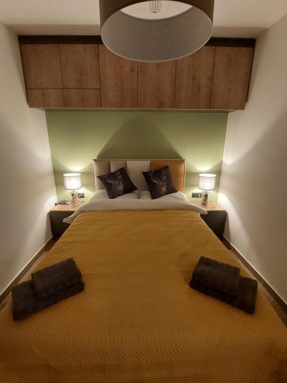 um quarto com uma cama grande com dois travesseiros em Apartlux Helena1 em Divčibare