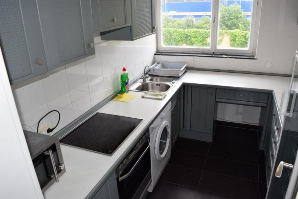 eine kleine Küche mit Spüle und Geschirrspüler in der Unterkunft Große Apartment in Hedelfingen in Stuttgart