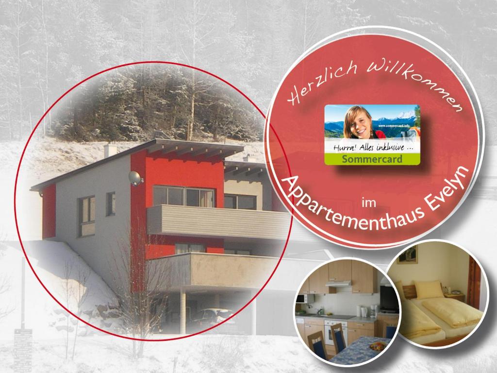 een collage van foto's van een huis en een bord bij Appartementhaus Evelyn in Schladming