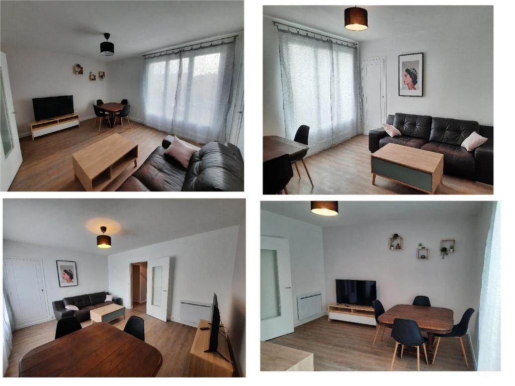 trois photos d'un salon et d'un salon avec canapé dans l'établissement chambre1 dans appartement 75m2, à Troyes