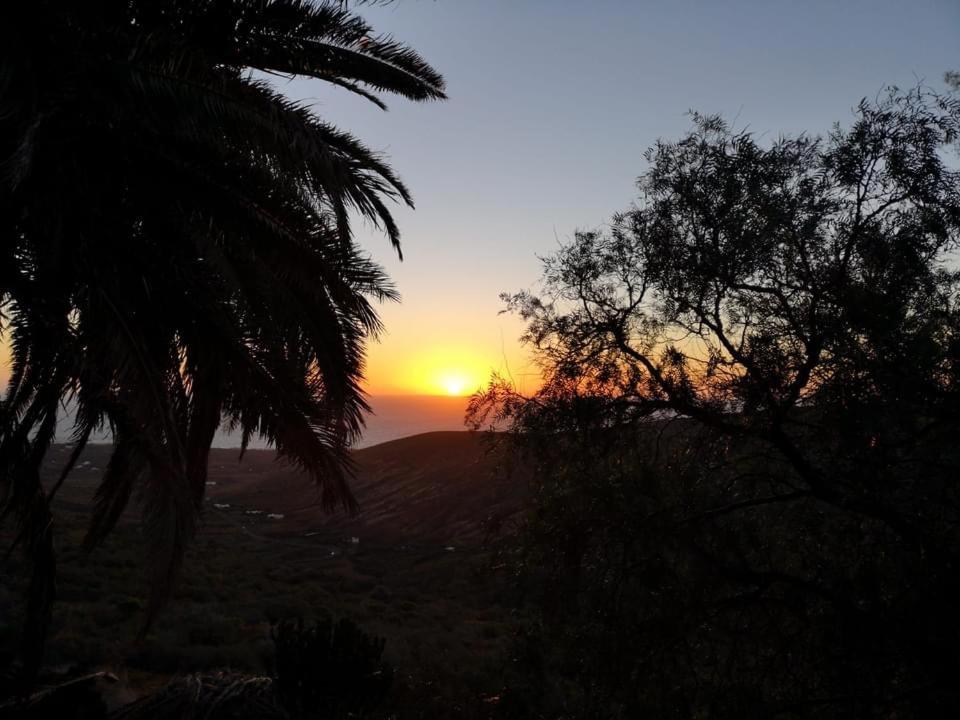 a sunset on a hill with trees in the foreground at Apartamento Pirul in Haría