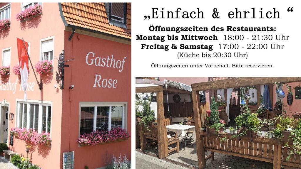 ObereisenheimにあるDorfgasthof "Zur Rose"のピンクの建物のレストランのチラシ