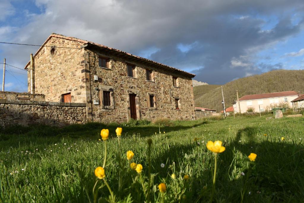 una vieja casa de piedra en un campo de flores en Albergue Tremaya, en Lebanza