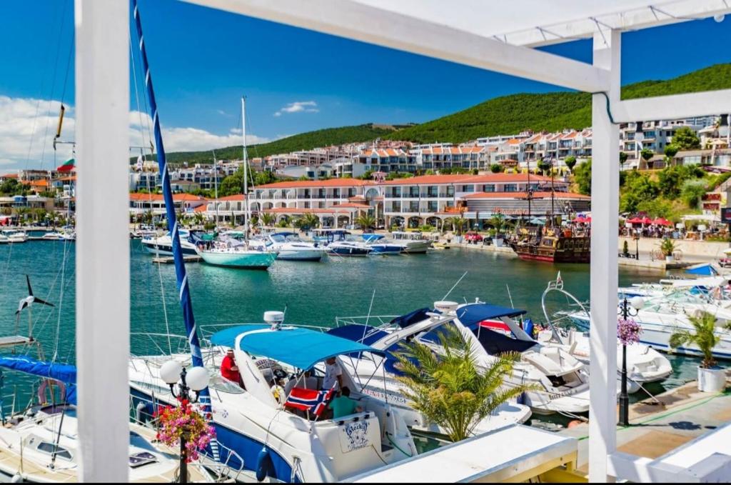 a group of boats docked in a marina at La terrace Sea view in Sveti Vlas