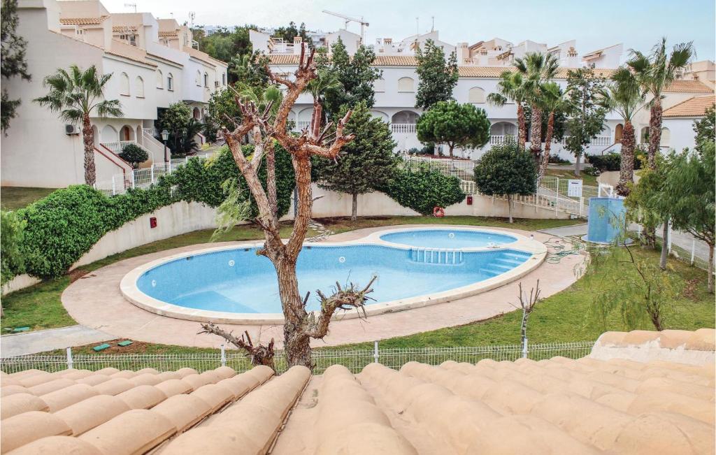 a tree in front of a swimming pool at Beautiful Home In Gran Alacant With Wifi in Gran Alacant