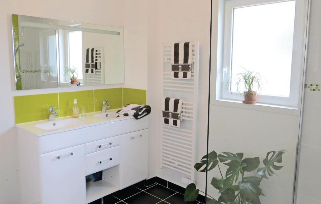 a bathroom with a sink and a mirror and a shower at Stunning Home In Brain-sur-alonnes With 3 Bedrooms And Wifi in Brain-sur-Allonnes