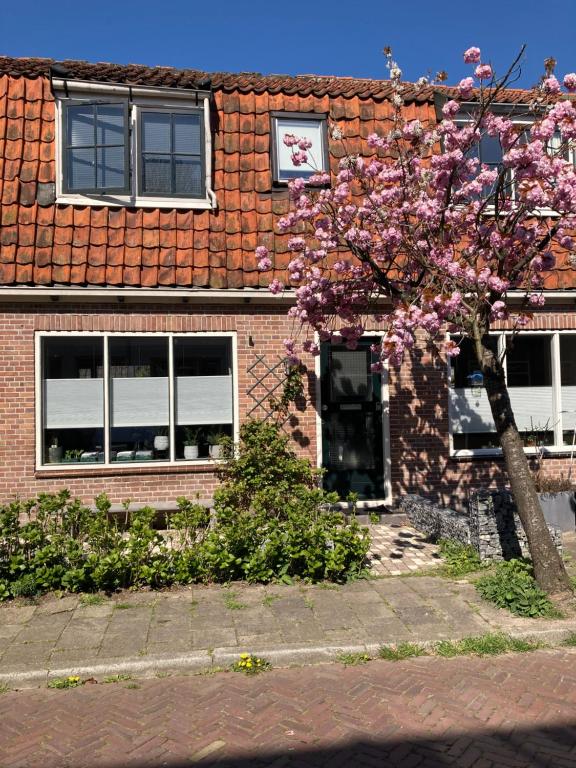 Beemster Experience في Middenbeemster: شجرة مزهرة أمام مبنى من الطوب