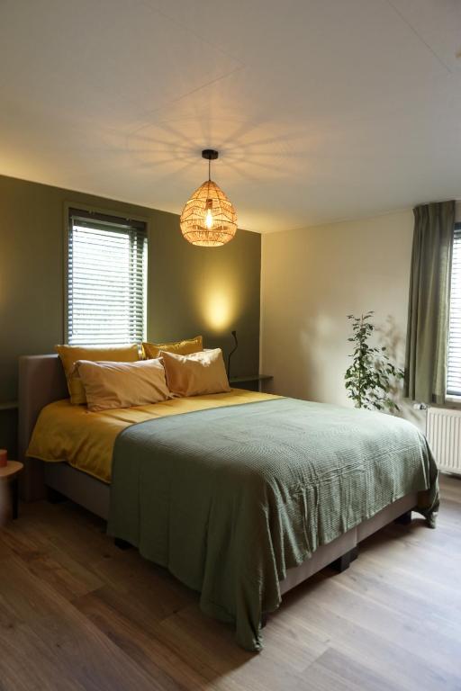 a bedroom with a large bed and a chandelier at Bed and Breakfast het Groentje in Staphorst