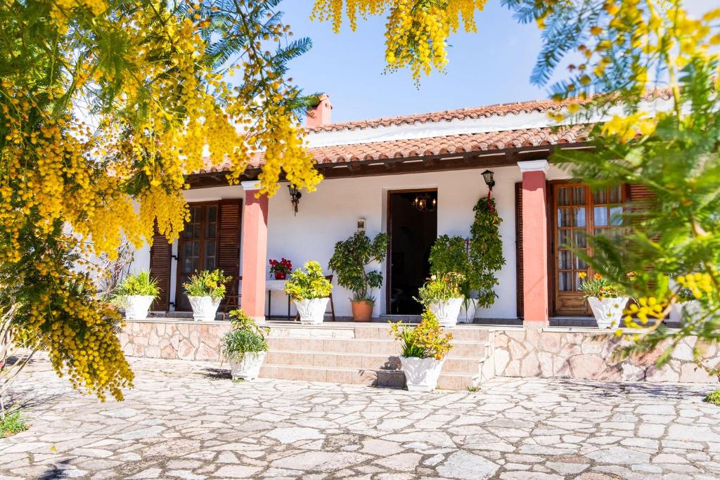 a house with potted plants in front of it at Angela Country House in Mármaron