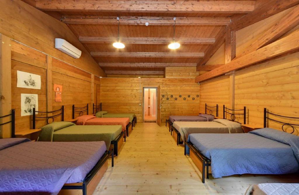 Sesta GodanoにあるAzienda agrituristica Alessio Fraboschiの木製の壁の部屋のベッド1列