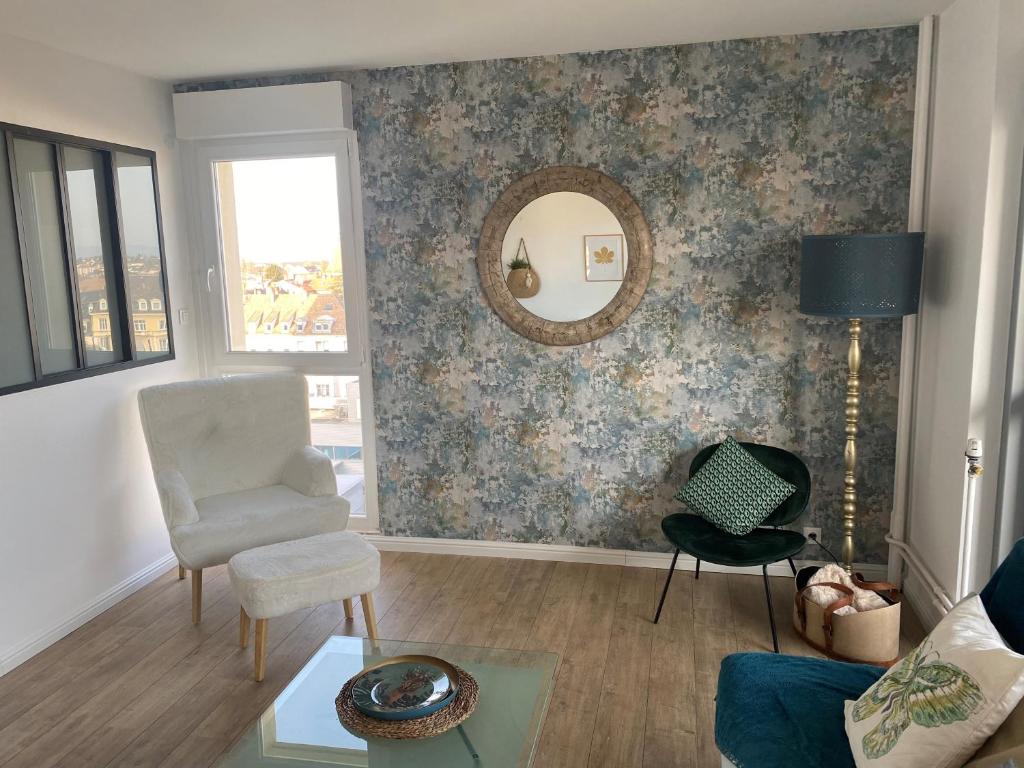 uma sala de estar com uma cadeira e um espelho em Magnifique appartement au coeur de Mulhouse em Mulhouse
