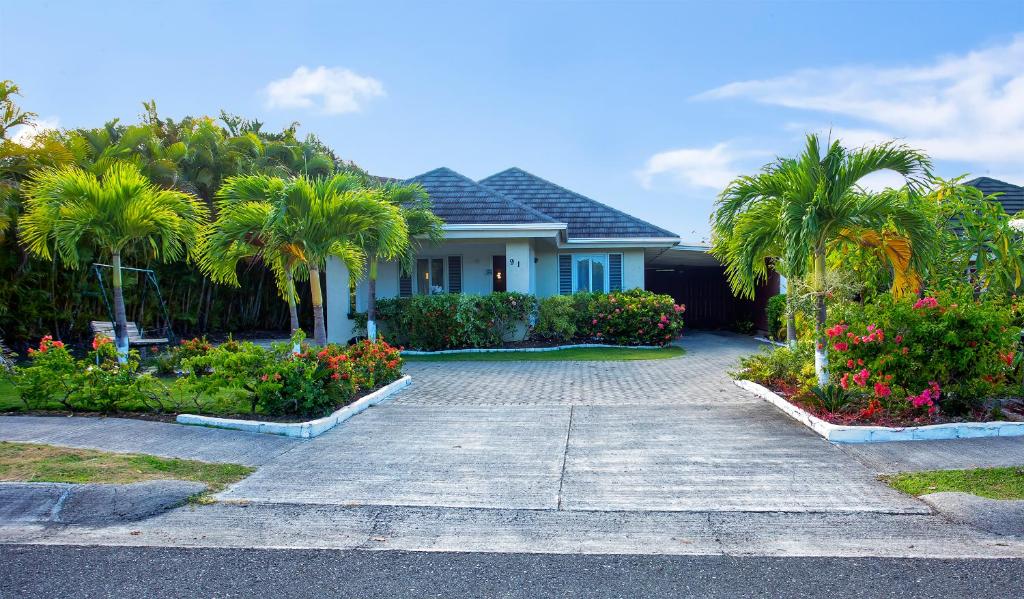 ein Haus mit Palmen und einer Auffahrt in der Unterkunft NATURE'S CHOICE HOME RICHMOND PALMS, JAMAICA in Richmond