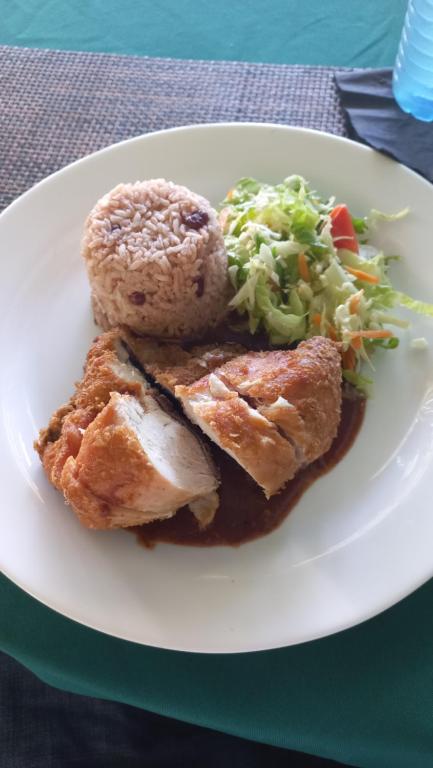 um prato branco de comida com carne e uma salada em Beach Studio 20 em Ocho Rios