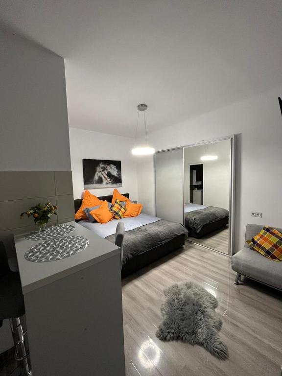 a room with a bed and a couch and a mirror at Central Studio in Braşov