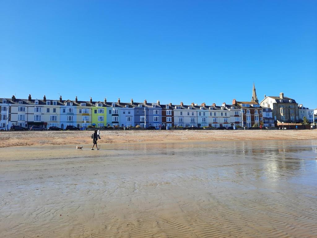 a person walking a dog on the beach at Penn House Hotel in Weymouth