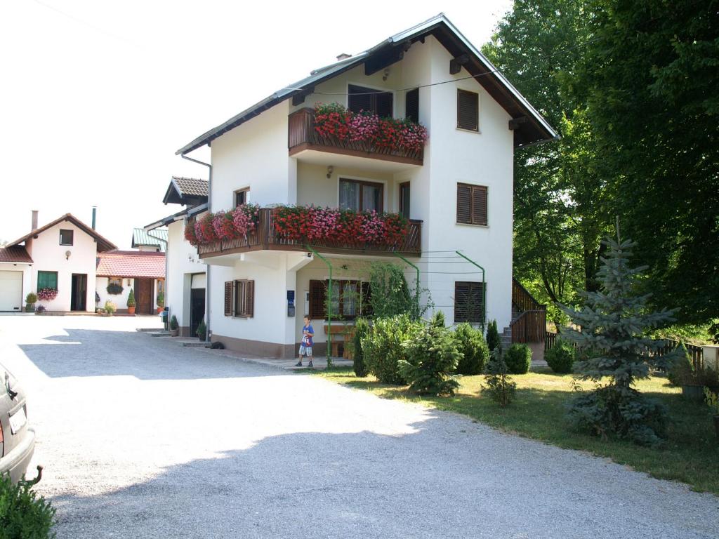 una casa blanca con cajas de flores a un lado. en Bed & Breakfast Helena, en Grabovac