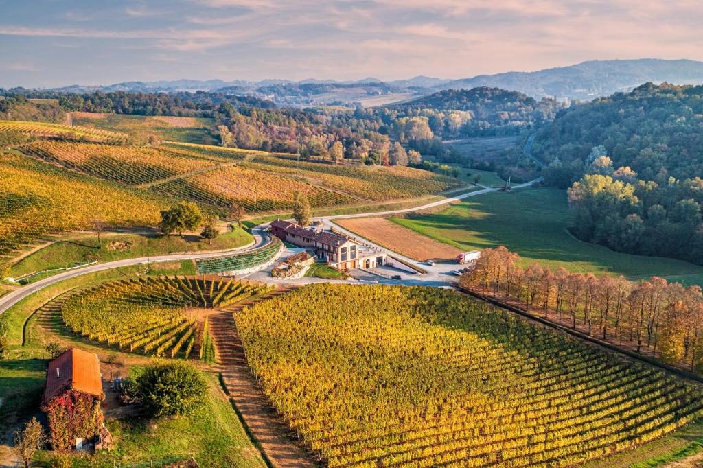 una vista aérea de un viñedo con un edificio y una carretera en Cascina Binè, en Novi Ligure