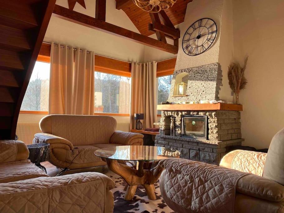 a living room with couches and a fireplace with a clock at EVASION gîtes et spa in Saint-Léonard