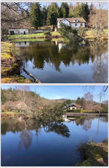 two pictures of a lake with a house in the middle at EVASION gîtes et spa in Saint-Léonard