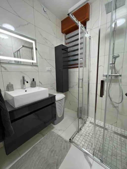 a bathroom with a sink and a glass shower at EVASION gîtes et spa in Saint-Léonard
