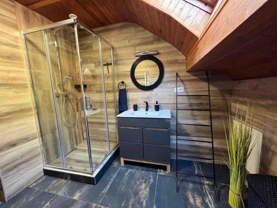 a bathroom with a sink and a shower at EVASION gîtes et spa in Saint-Léonard