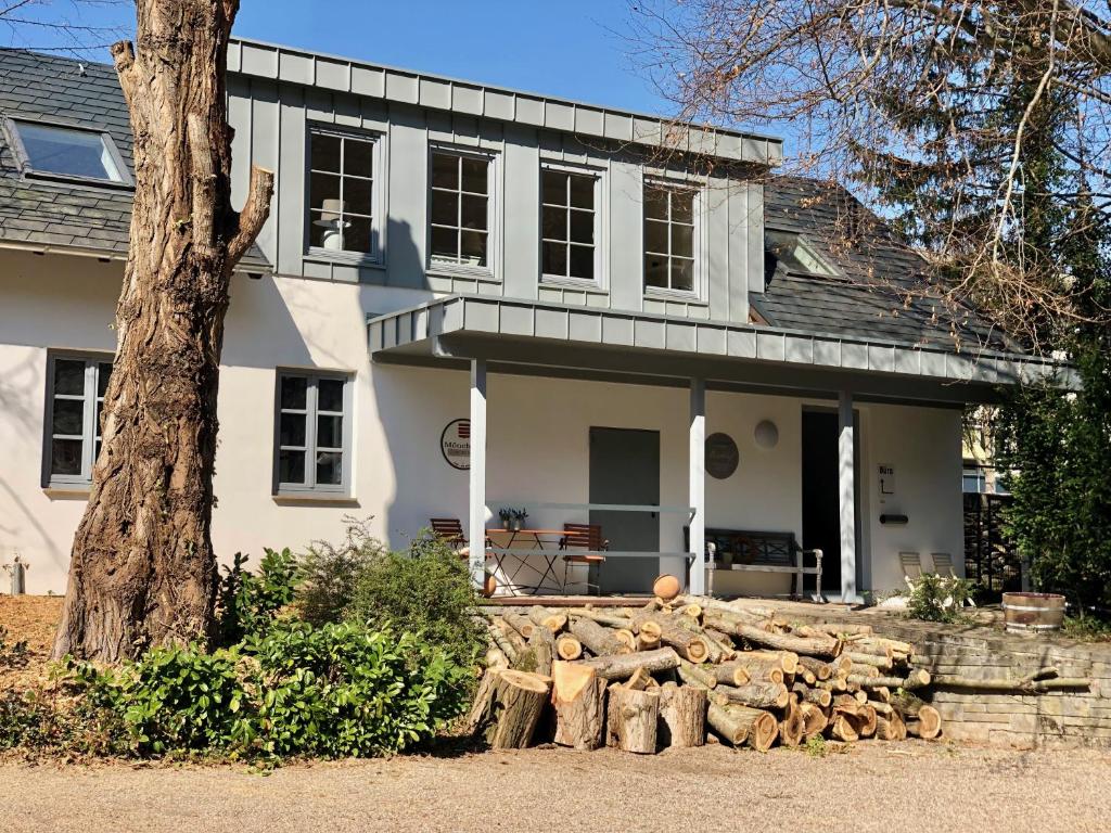 ein weißes Haus mit einem Baum davor in der Unterkunft Ferienwohnung Weingut Villa Huesgen am Mönchhof in Traben-Trarbach
