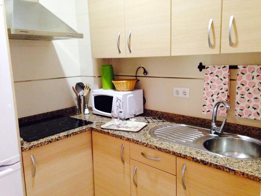 a small kitchen with a sink and a microwave at San Juan Apartamento in Jerez de la Frontera