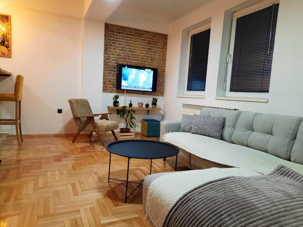 a living room with a couch and a tv at Petar's Apartment in Skopje