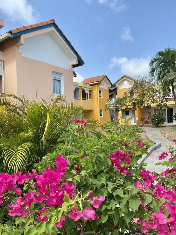 um jardim com flores cor-de-rosa em frente a uma casa em SOMPTUEUX DUPLEX SUR LA ROUTE DES PLAGES em Sainte-Anne