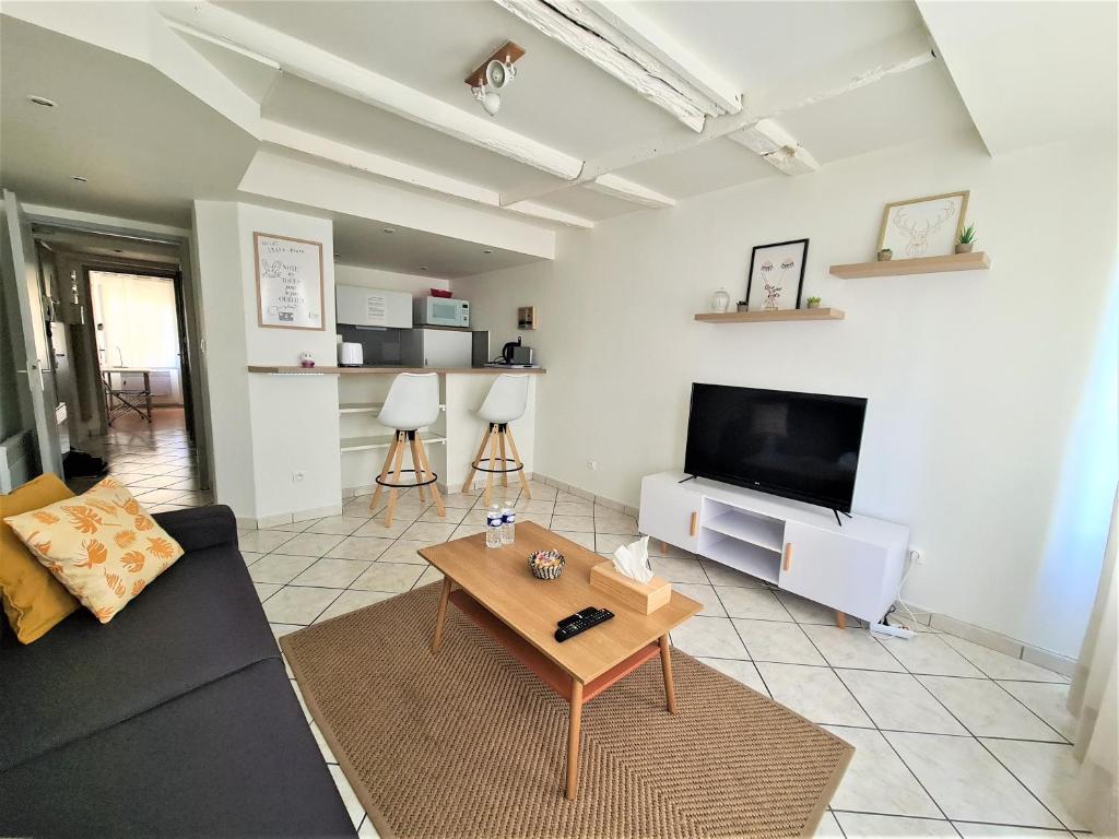 un salon avec un canapé et une table basse dans l'établissement Les Cosy De Nancy - La cache du cerf - 4étoiles, à Nancy