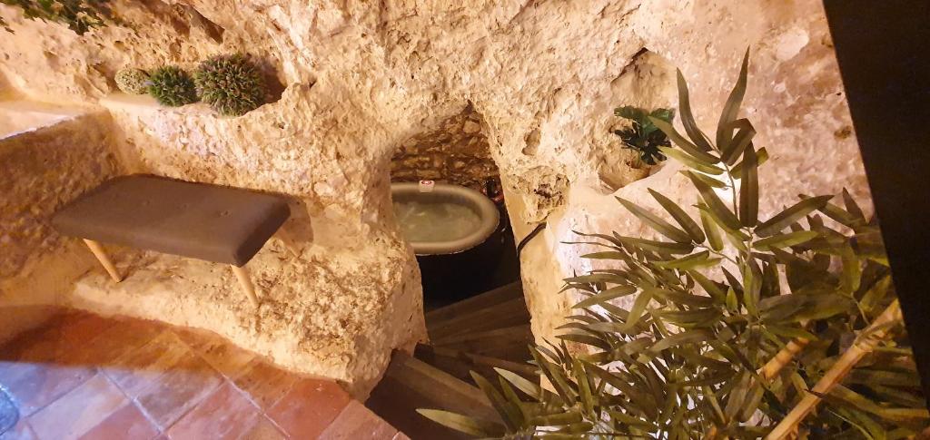 a stone bathroom with a urinal and a plant at La Cueva de Casa Botes in Cuenca