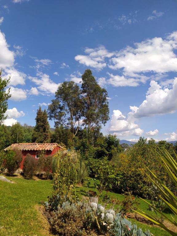 un jardin avec une maison en arrière-plan dans l'établissement El Chalet de El Refugio de la Loma, à Tocancipá