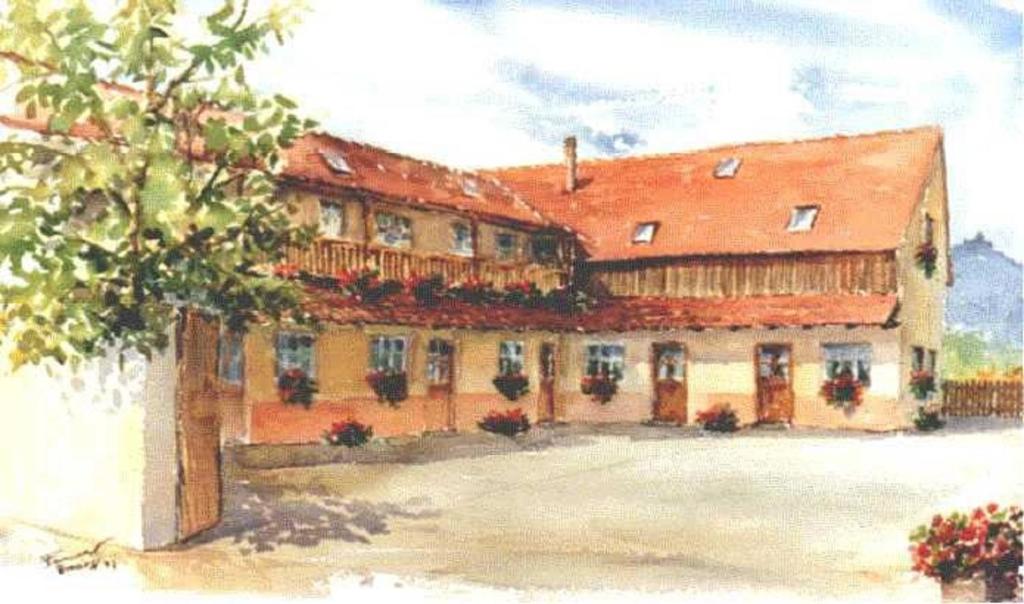 a painting of a building with flowers in front of it at Gîte et Chambres d'hôtes, l'Erable in Beblenheim