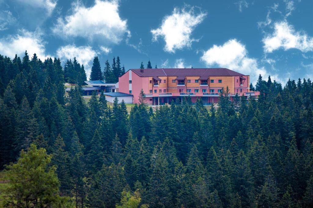 a building in the middle of a forest of trees at Hotel Natura in Zreče