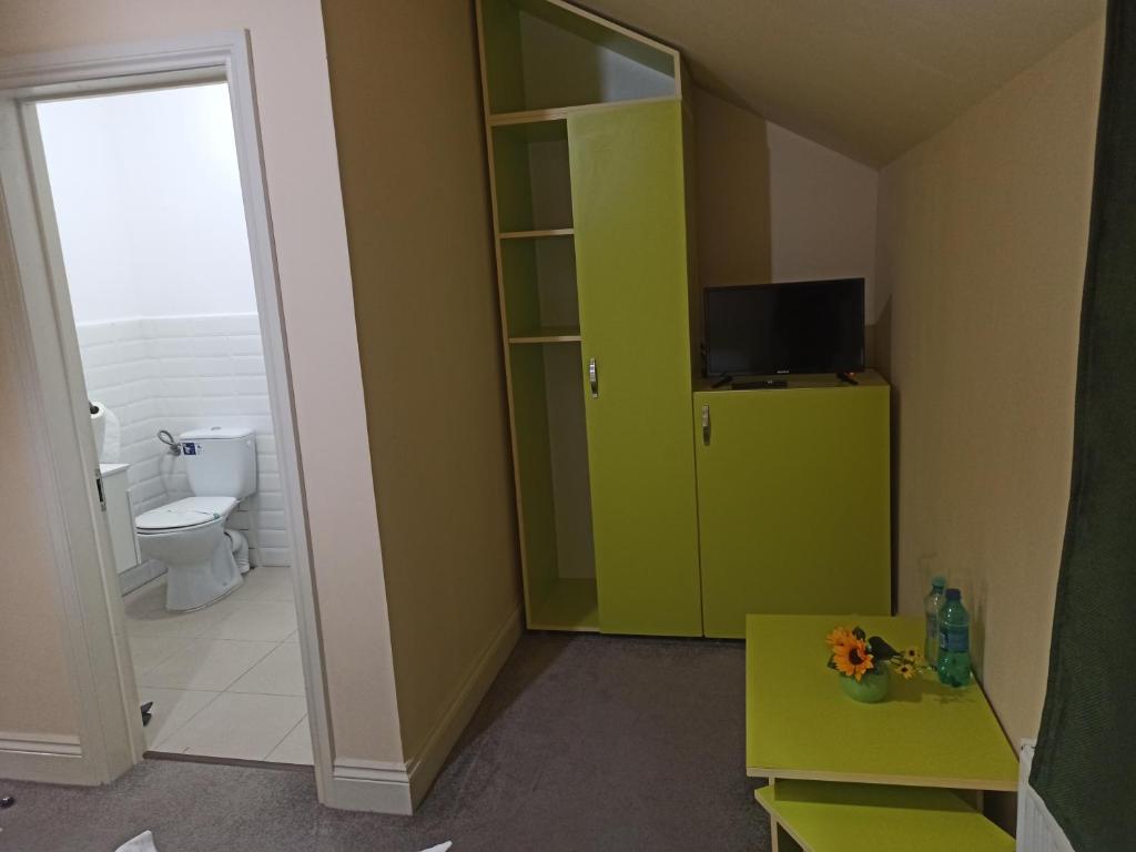 a bathroom with a green cabinet and a toilet at Pensiunea Popas Pop, Strambu-Baiut, Maramures in Băiuţ