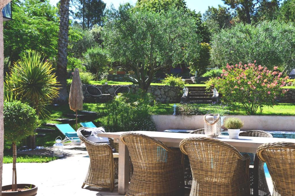 une table et des chaises dans un jardin arboré dans l'établissement Chambres d'hôtes Villa Cardabella, à Le Tignet