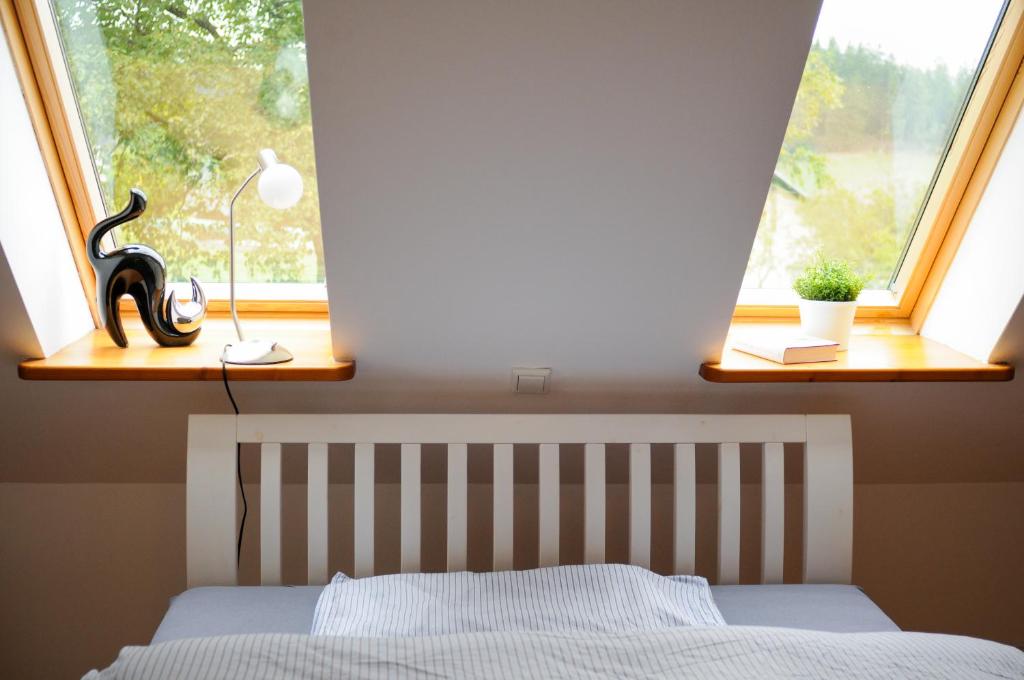 a bedroom with a bed and two windows at Ferienwohnung am Denkmal in Bad Berleburg