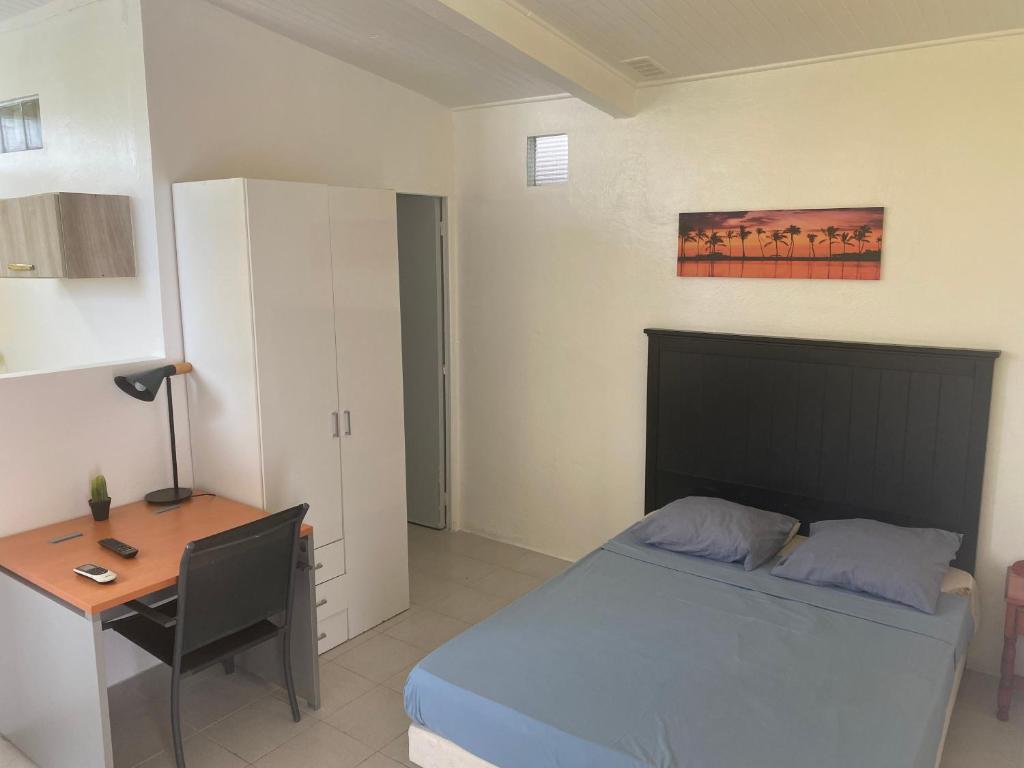 Schlafzimmer mit einem Bett, einem Schreibtisch und einem Tisch in der Unterkunft Appartement Orchidée 2 in Fort-de-France
