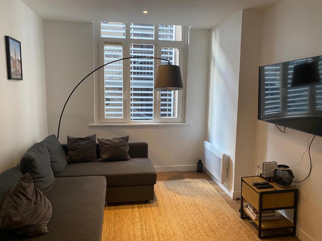 uma sala de estar com um sofá e uma televisão de ecrã plano em Appartement hypercentre 4 personnes 30 m2 em Lille