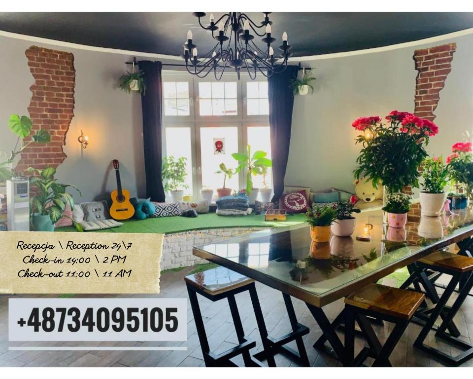 Chilli Hostel في فروتسواف: غرفة طعام مع طاولة عليها نباتات