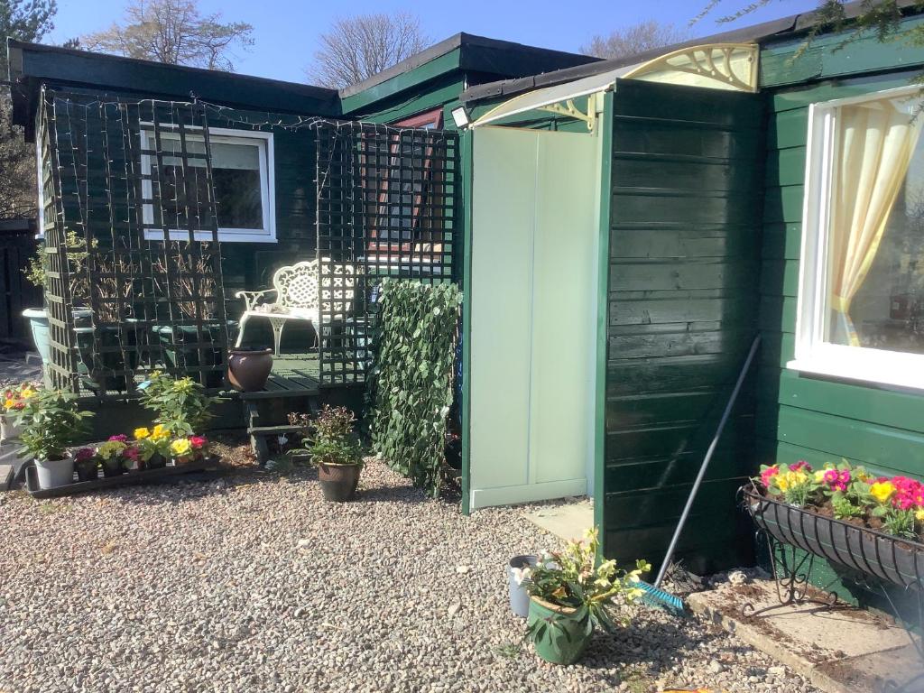 a green garden shed with flowers in a yard at Croft cabin in Fort William