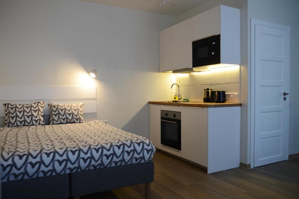 a small room with a bed and a kitchen at City center apartment in Klaipėda