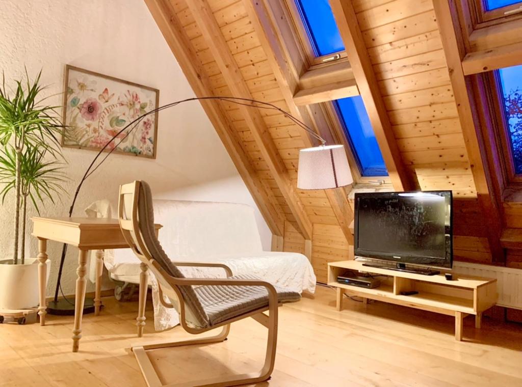een slaapkamer met een bed, een bureau en een televisie bij Ferienwohnung Diana in Sexau