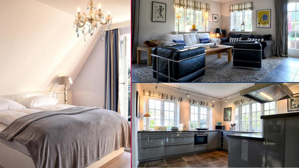 2 Bilder von einem Schlafzimmer und einem Wohnzimmer in der Unterkunft Hideaway in Borgsum