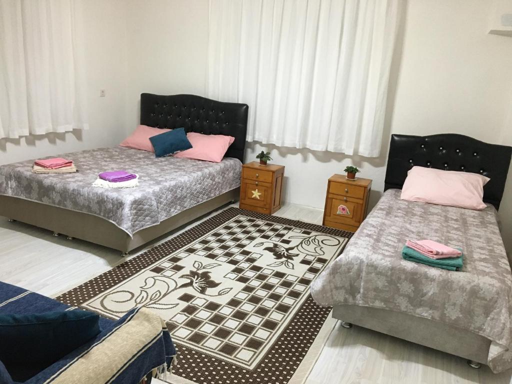 een slaapkamer met 2 bedden en een tapijt bij Kapukargın apart villa in Dalaman