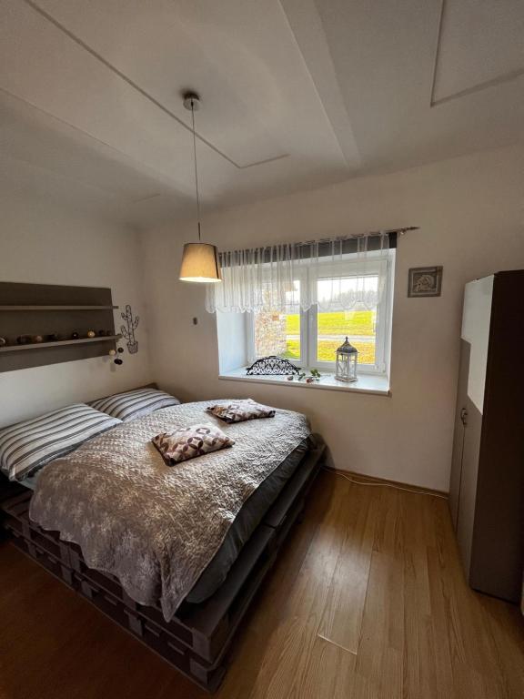 a bedroom with a bed and a window at Útulné spaní ve venkovské chaloupce s vířivkou in Podbřezí
