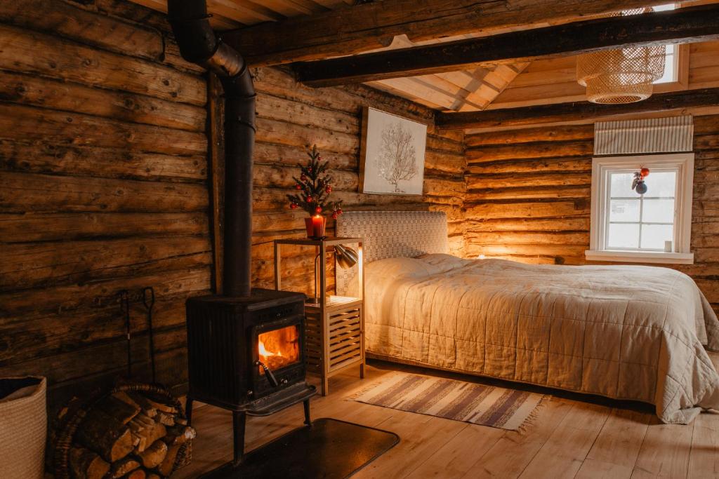 um quarto com uma cama e um fogão a lenha em Vienkiemio Oazė - Pasakų namelis em Galvokai