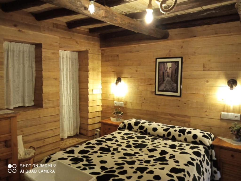 カセレスにあるApartamentos Calerosの木製の壁のベッドルーム(白黒のベッド付)