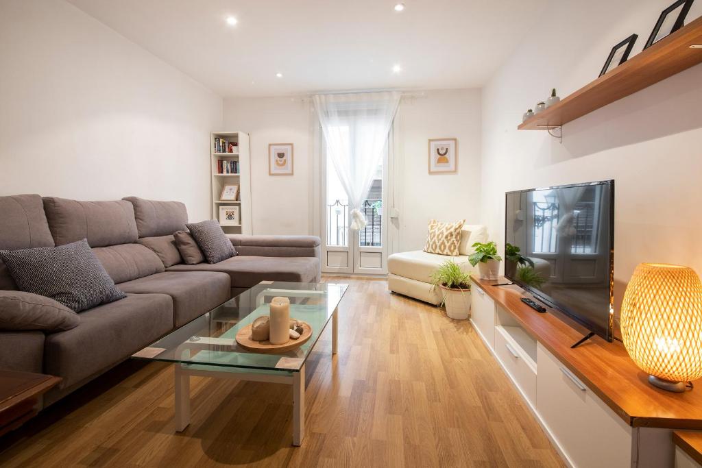 sala de estar con sofá y TV en Spacious Central Old Town Apartment en San Sebastián