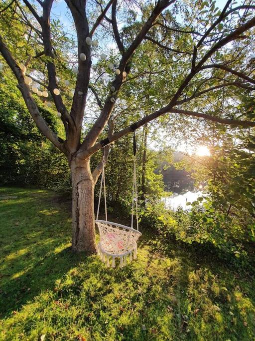 a swing hanging from a tree in a park at Ferienhaus blauer See mit optionalem Hot-Tub in Bockhorn